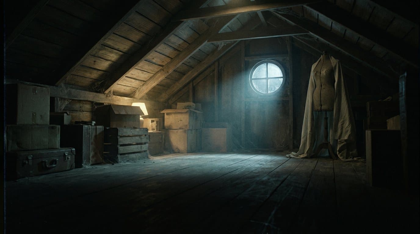 Attic with a sheet over a dress form
