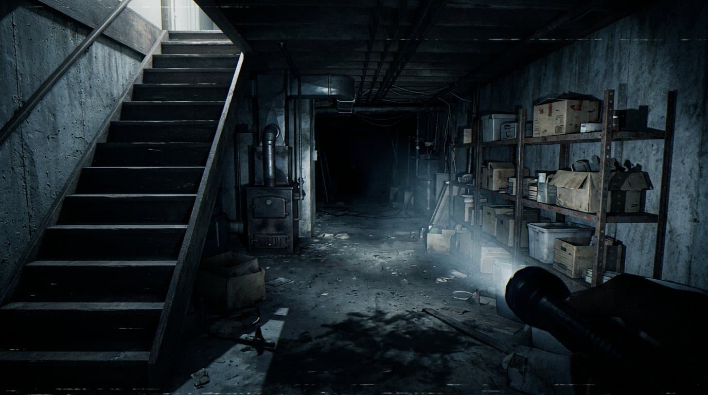 Basement stairs lit by a torch