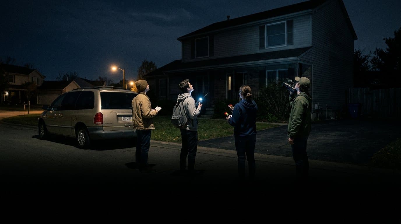 Four vloggers with cameras outside a house at night