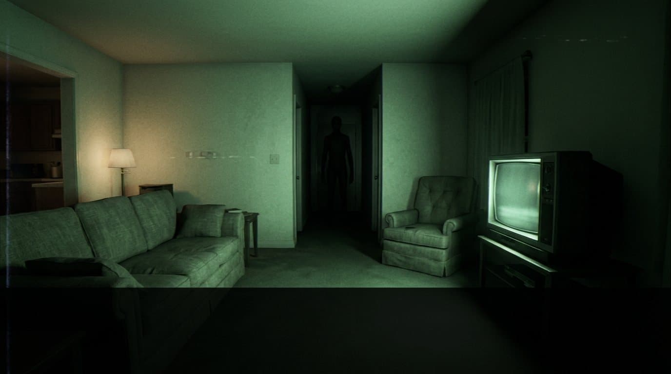 Night vision view of a living room