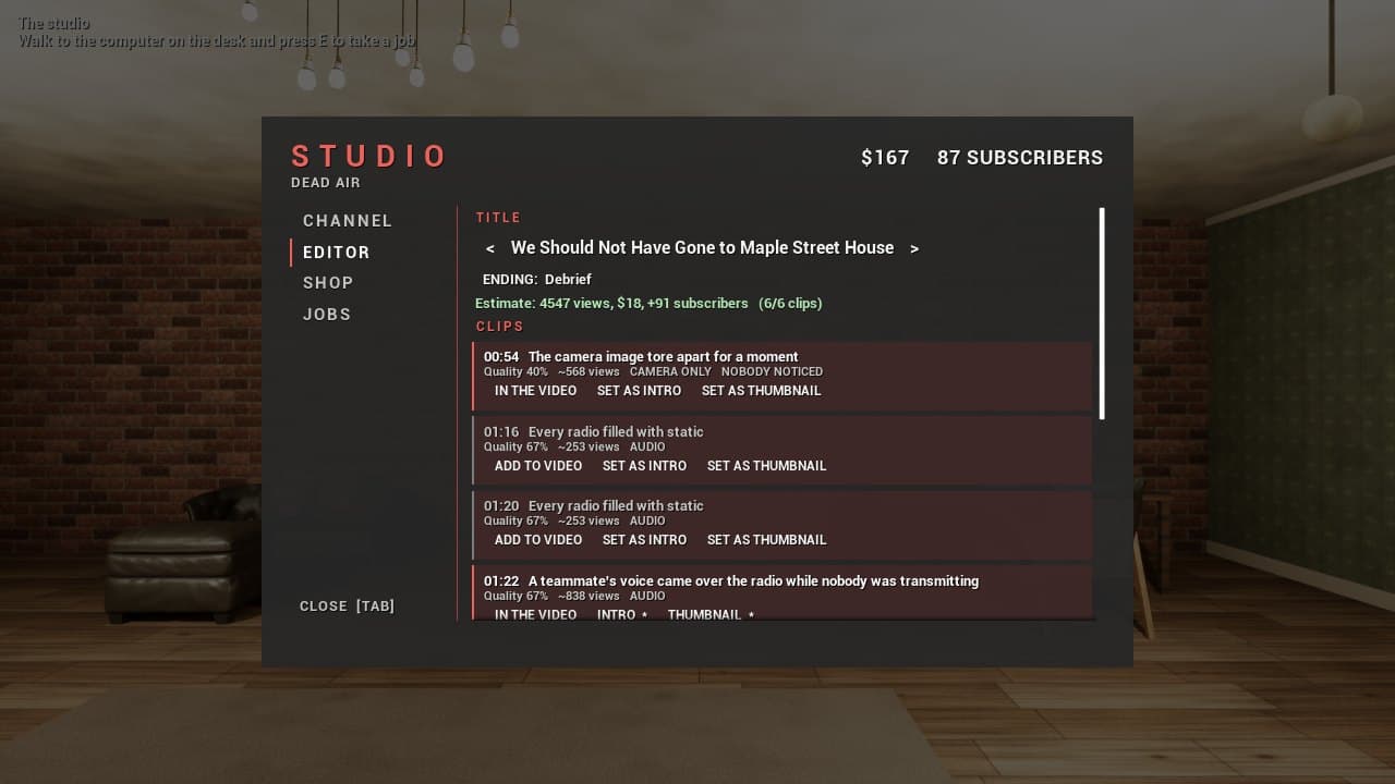 The studio computer's video editor listing the clips caught on the job