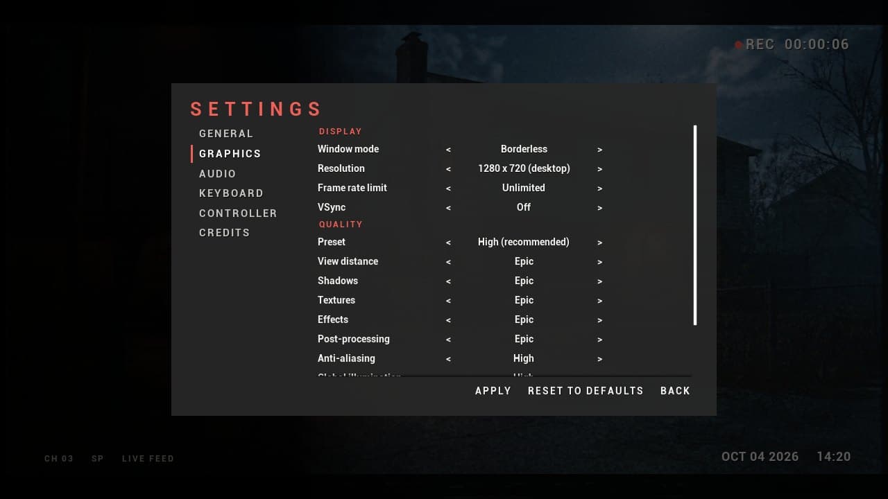 Settings menu